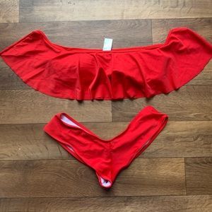 Red Off the Shoulder Ruffle Swim Top with Ruched Thong Style Bikini Bottoms